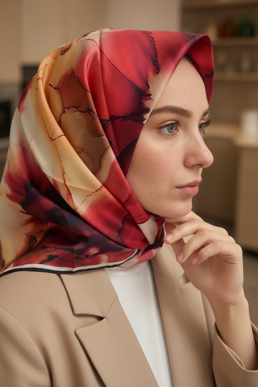 %100 Twill İpek Batik Çiçek Desenli Bordo - Hardal Renkli 90x90 Eşarp