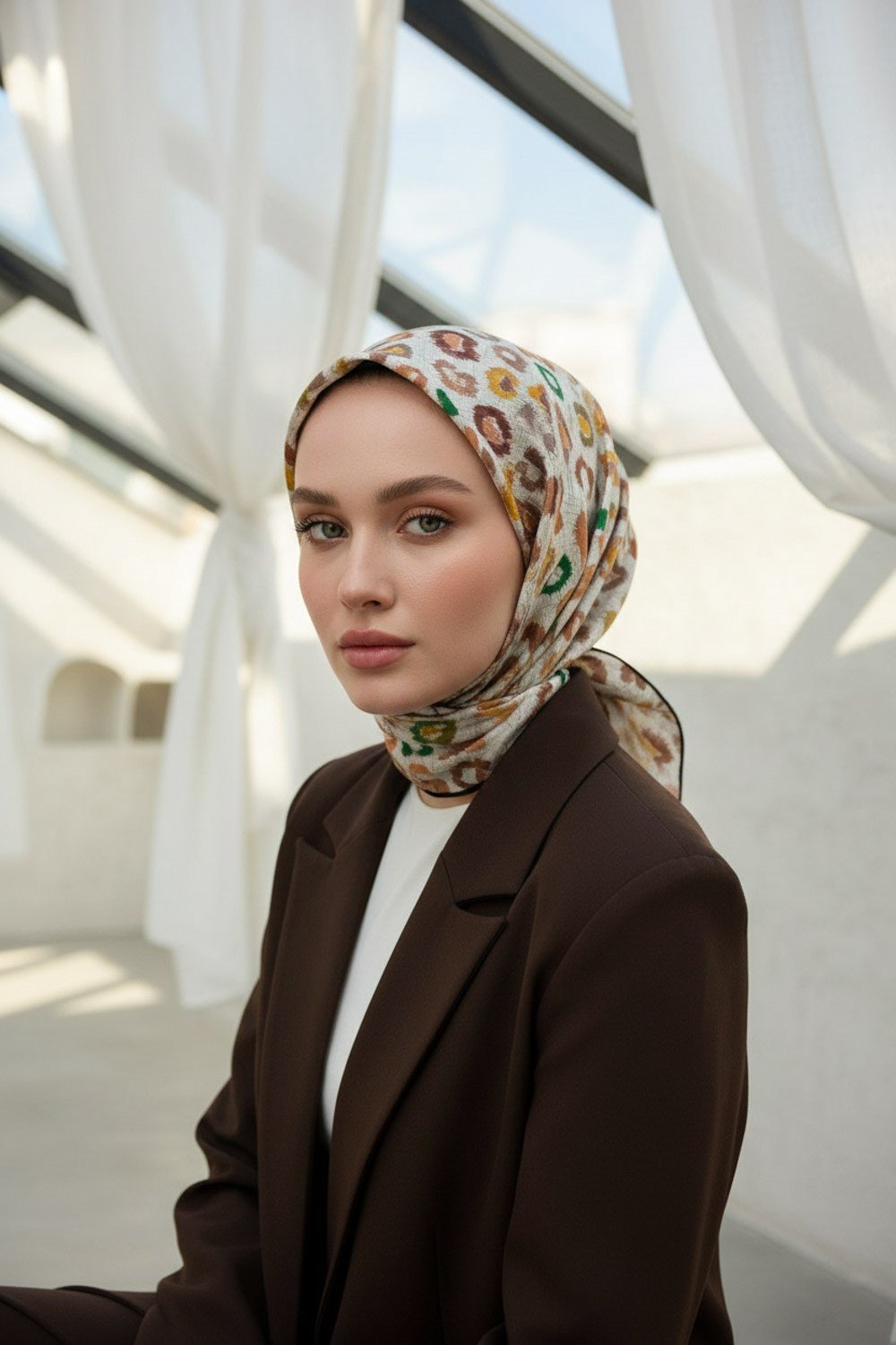 %100 Twill İpek Renkli Leopari Desenli Turuncu - Zümrüt Yeşili Renkli 90x90 Eşarp Kenar Dikiş Şekli El Dikişli
