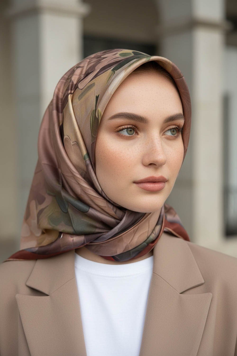 %100 Twill İpek Dumanlı Çiçek Desenli Taba Renkli 90x90 Eşarp Kenar Dikiş Şekli El Dikişli