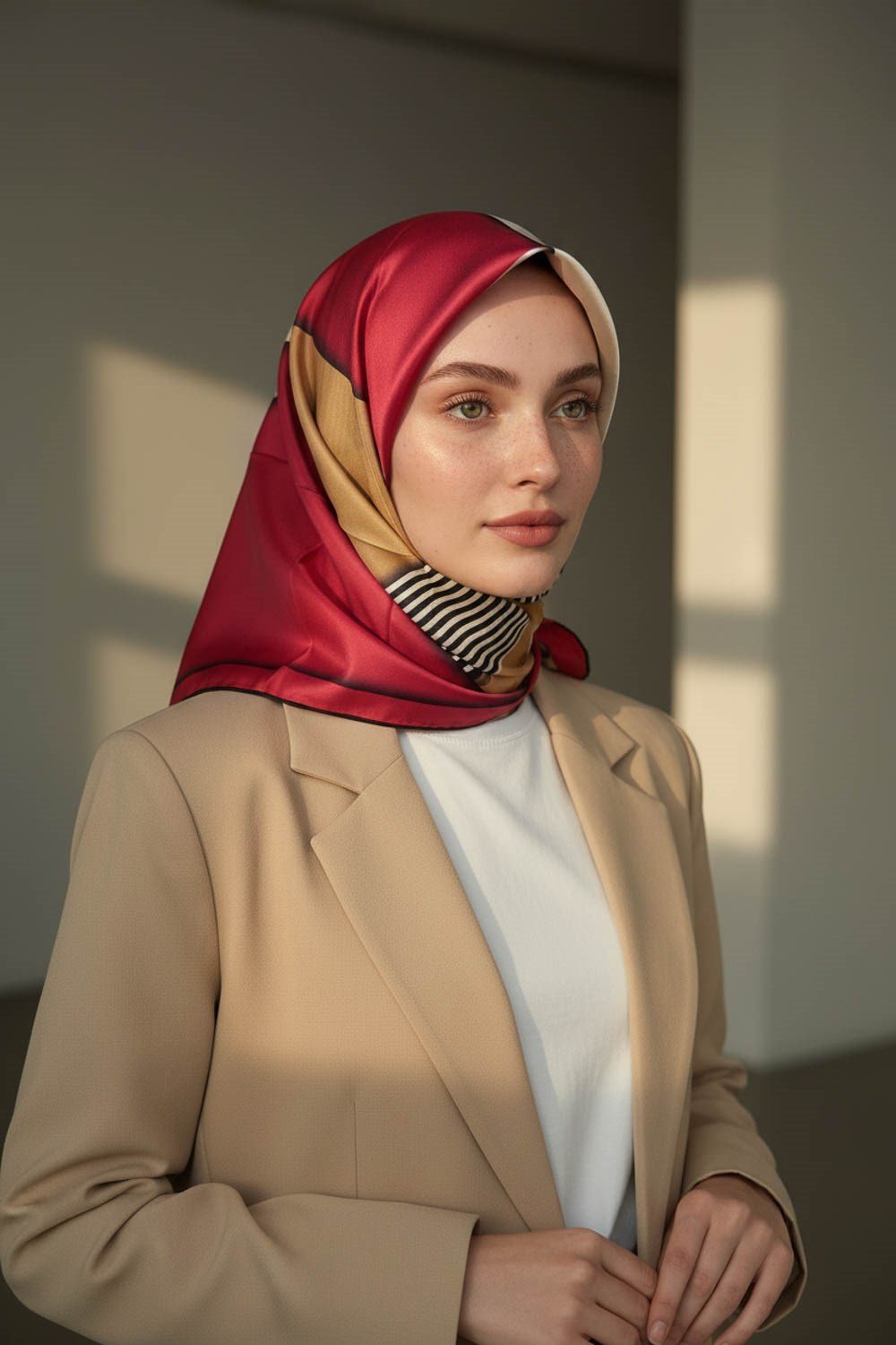 %100 Twill İpek Çizgili ve Geometrik Desenli Bordo - Vizon Renkli 90x90 Eşarp Dikim Şekli : El Dikişi
