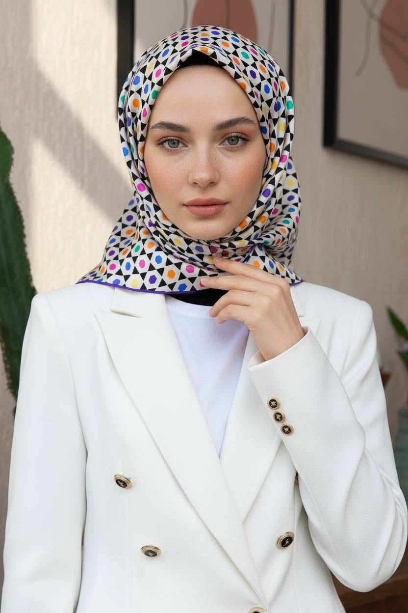 %100 Twill İpek Nokta Desenli Krem - Mor Renkli 90x90 Eşarp Dikim Şekli : El Dikişi