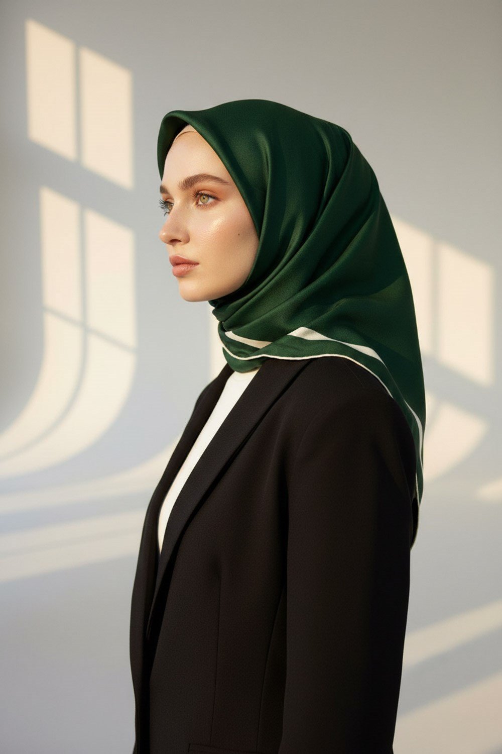 100% Twill İpek Düz Renk Bordür Zümrüt Yeşili - Krem Renkli Daha Tok Exclusive Serisi 90x90 Dikim Şekli : El Dikişi Eşarp