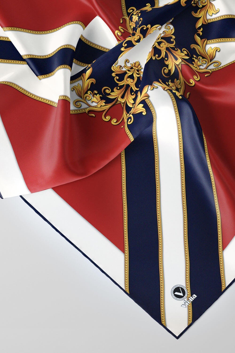 Twill Barok Desenli Kırmızı - Lacivert Renkli 90x90 Dikim Şekli : El Dikişi Eşarp (İpek İçermez)