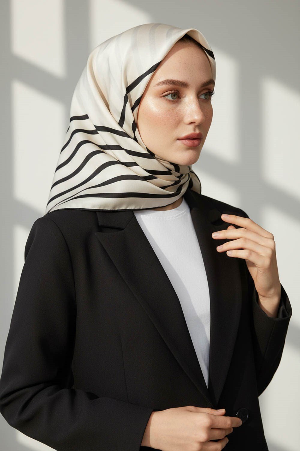%100 Twill İpek Çizgili Desenli Krem - Siyah Renkli 90x90 Eşarp Dikim Şekli : El Dikişi