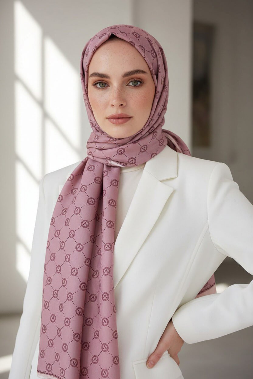 %100 Saf İpek Şal İnce Saten Vual Dokuma V Logo Desenli Gül Kurusu Renkli 90x210 Şal