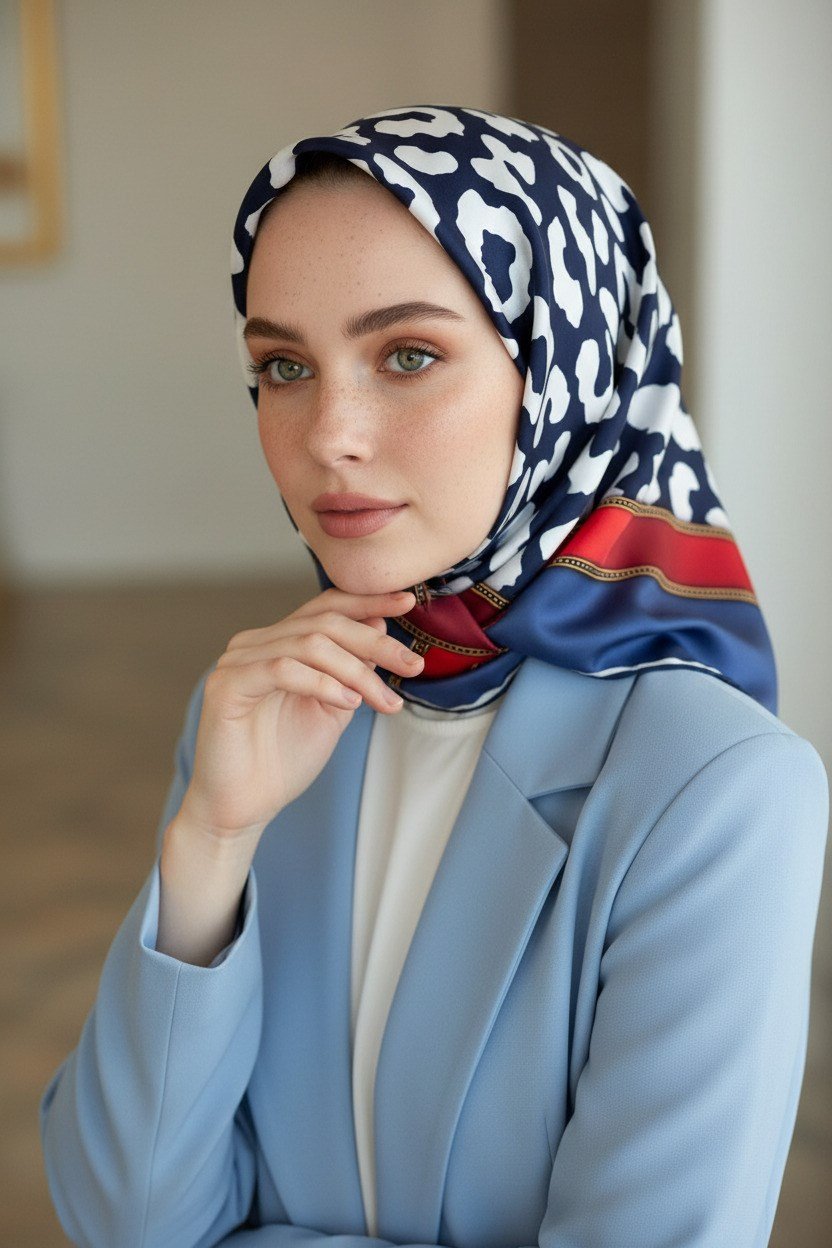 %100 Twill İpek Leopar Desenli İndigo - Kırmızı Renkli 90x90 Eşarp Dikim Şekli : El Dikişi