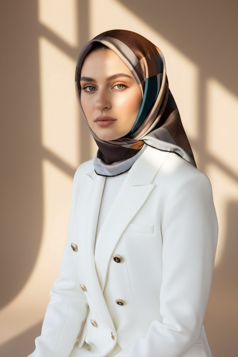 %100 Twill İpek Geometrik Desenli Petrol Mavisi - Gri Renkli 90x90 Eşarp Dikim Şekli : El Dikişi