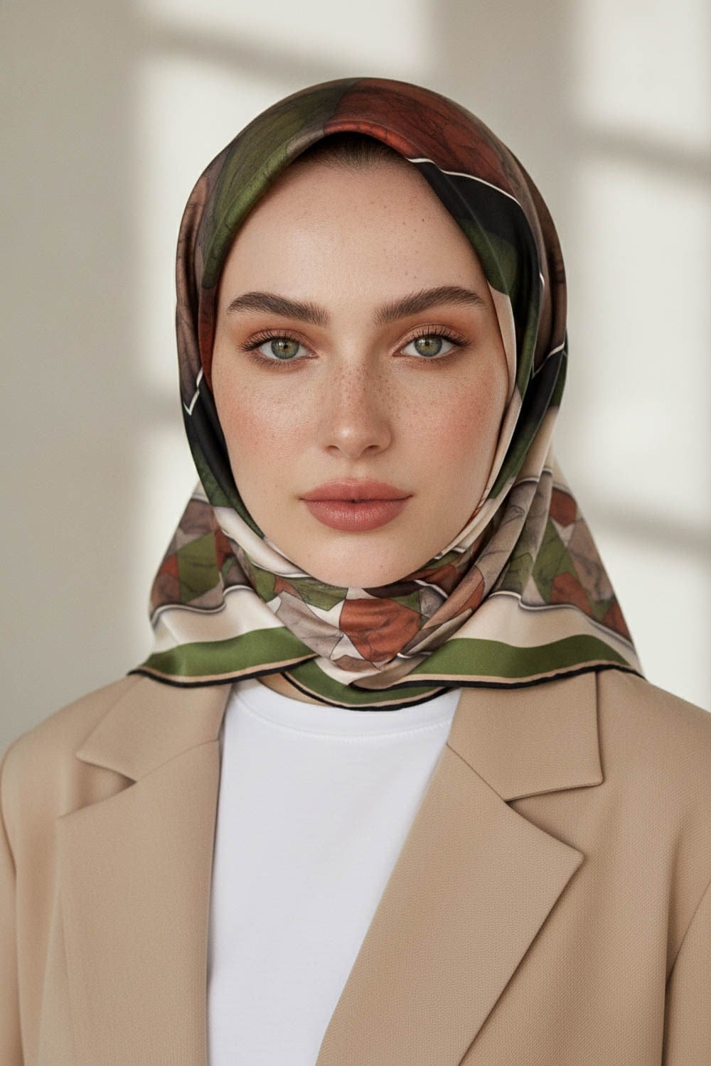 %100 Twill İpek Mermer Efektrli Geometrik Desenli Haki - Gold Renkli 90x90 Eşarp Dikim Şekli : El Dikişi