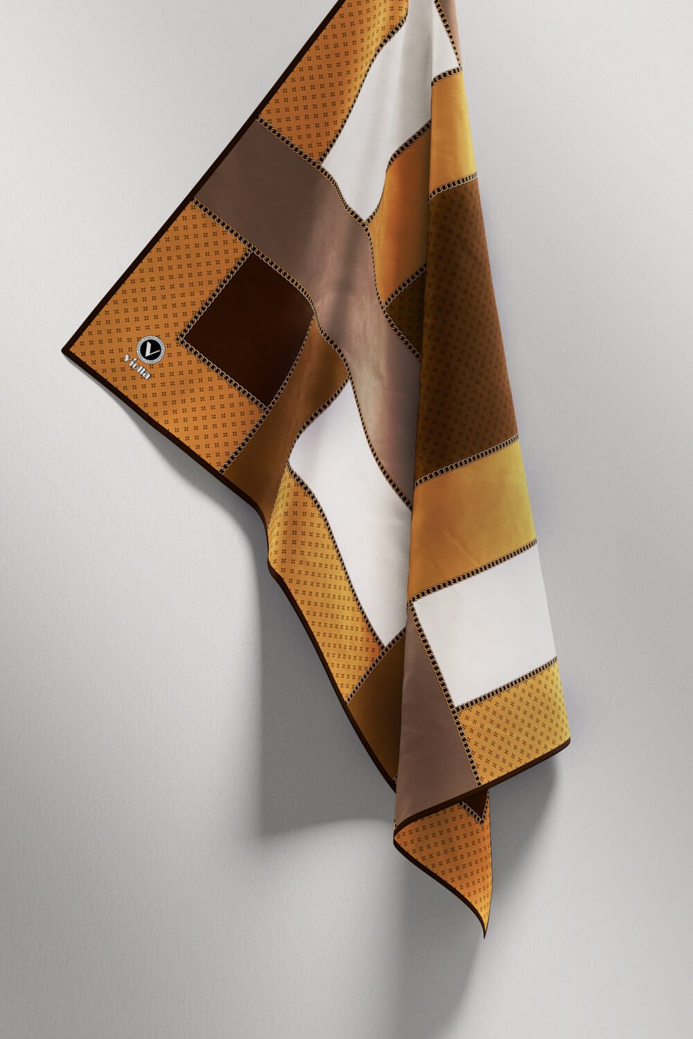 Twill Geometrik Desenli Kahverengi - Hardal Renkli 90x90 Eşarp (İpek İçermez) Kenar Dikiş Şekli El Dikişli
