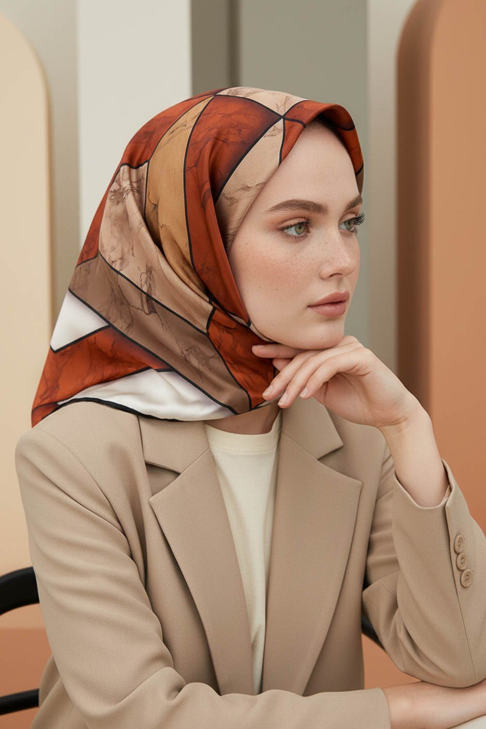 Rayon Mermer Desenli Taba - Bej Renkli 90x90 Eşarp (İpek İçermez) Kenar Dikiş Şekli El Dikişli