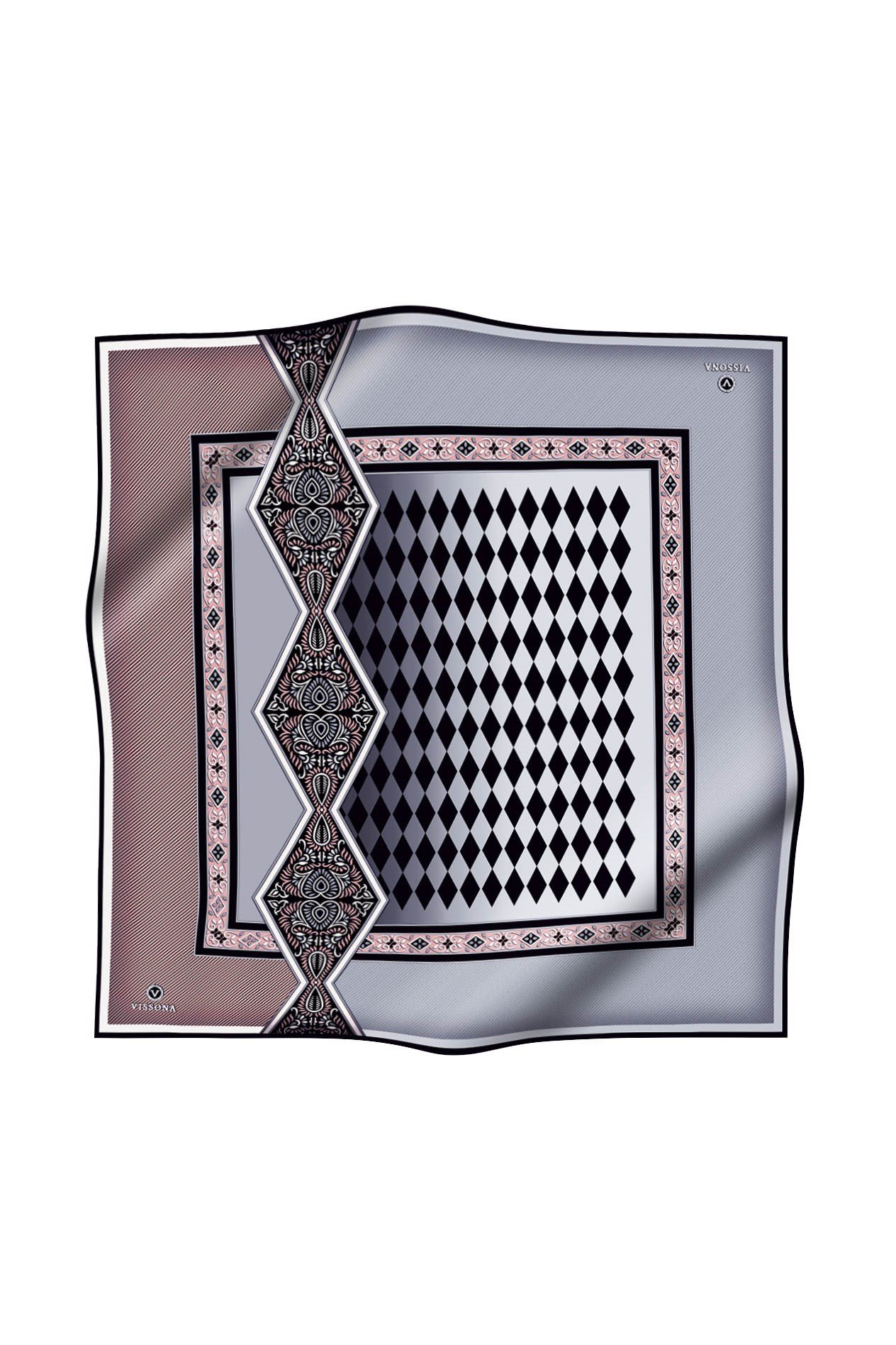%100 Twill İpek Karo Desenli Pudra - Gri Renkli 90x90 Eşarp Dikim Şekli : El Dikişi