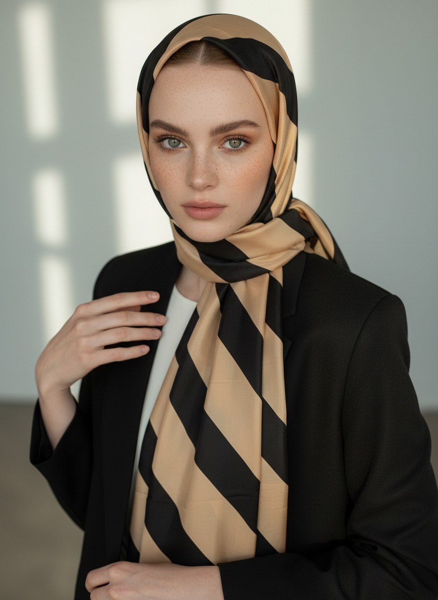 %100 Saf İpek Şal İnce Saten Vual Dokuma Çizgili Desenli Gold - Siyah Renkli 90x210 Şal
