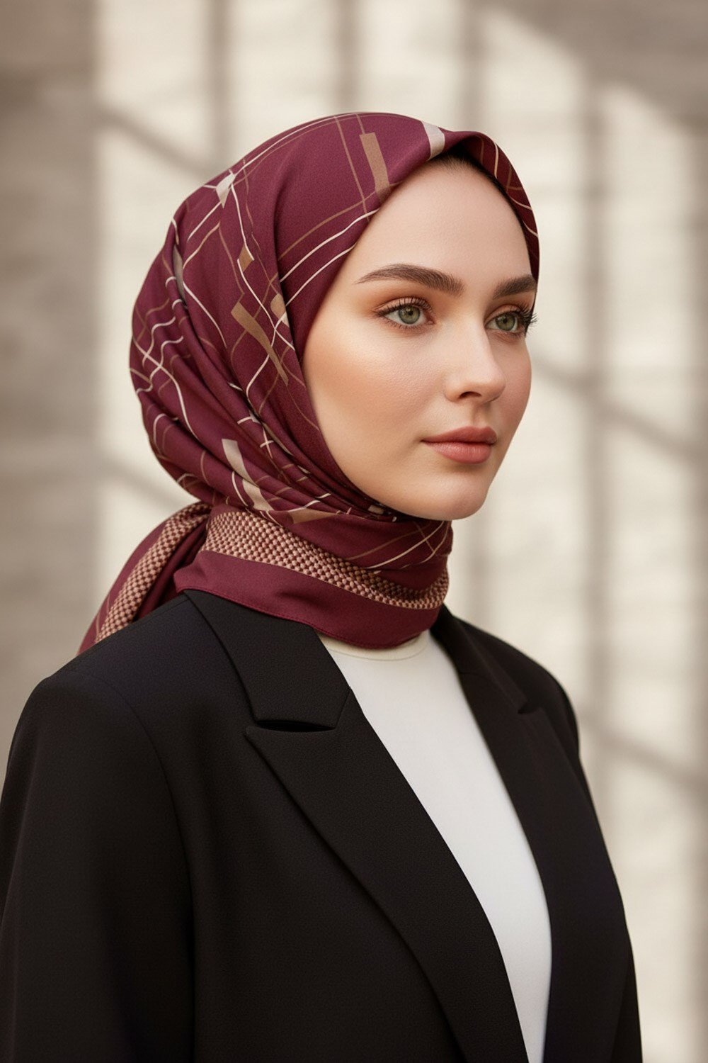 KREP GEOMETRİK DESENLİ BORDO - BEJ RENKLİ 75X195 KIRIŞMAZ ŞAL