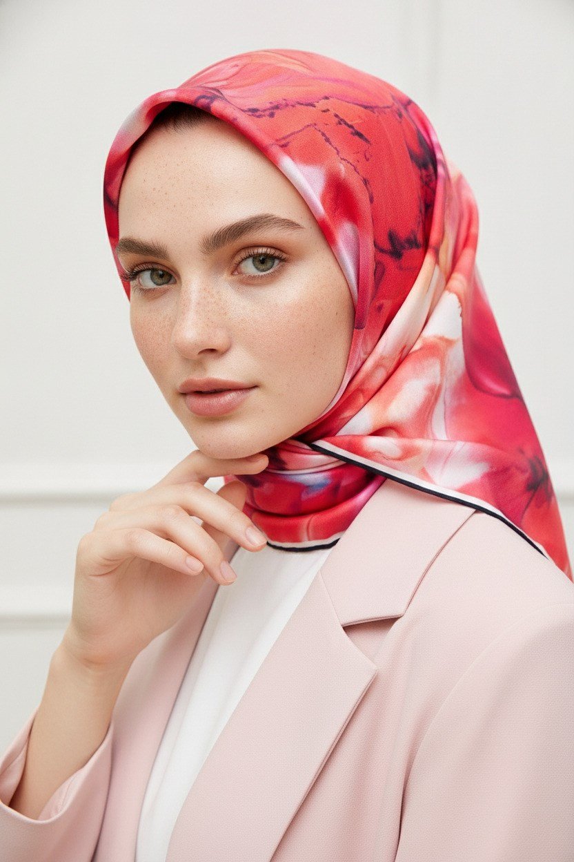 %100 Twill İpek Batik Çiçek Desenli Kırmızı - Lacivert Renkli 90x90 Eşarp Kenar Dikiş Şekli El Dikişli