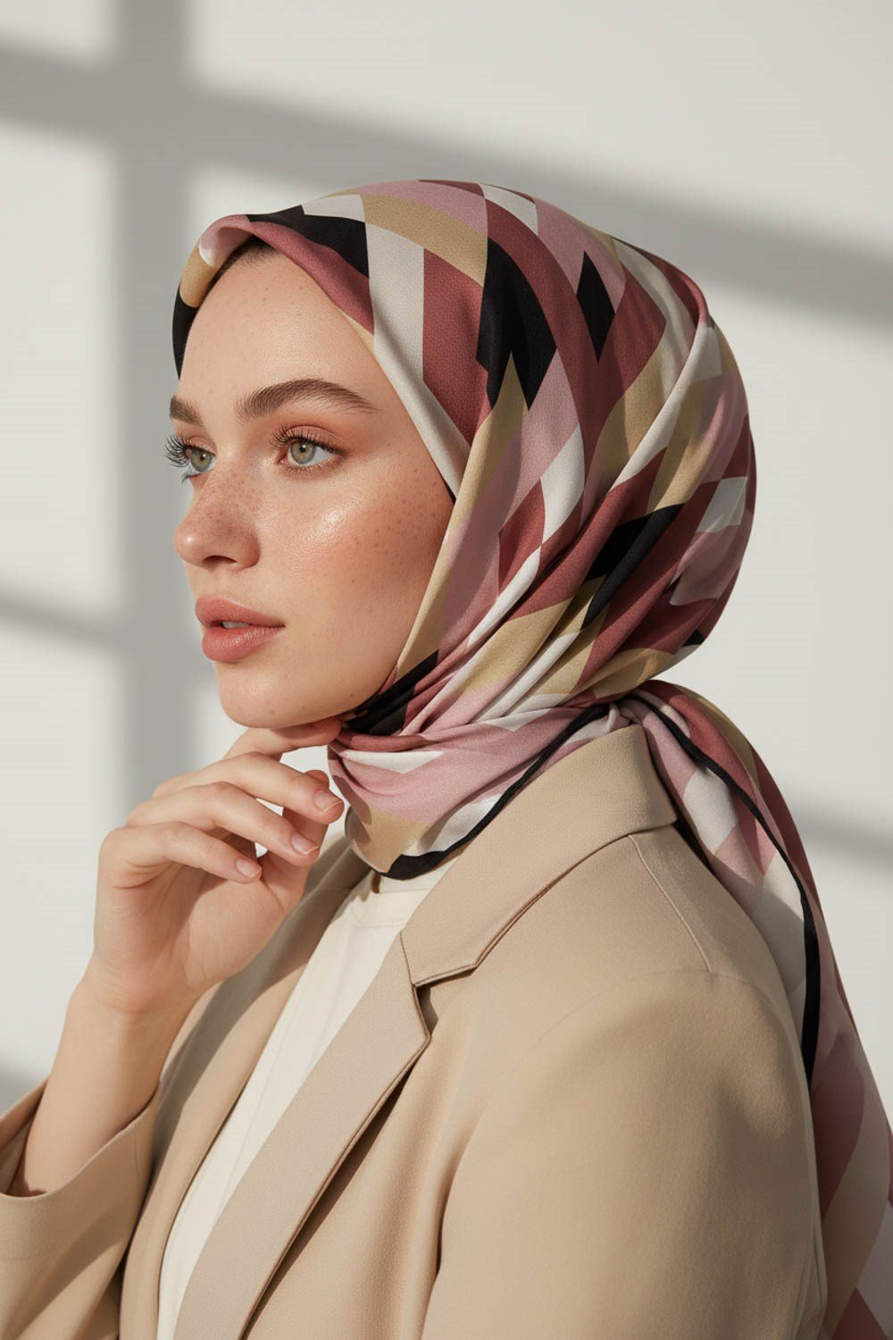 KREP GEOMETRİK DESENLİ PUDRA RENKLİ 75X195 KIRIŞMAZ ŞAL