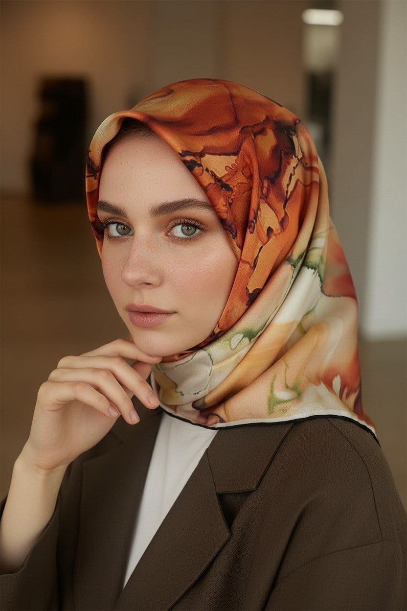 %100 Twill İpek Batik Çiçek Desenli Taba - Haki Yeşili Renkli 90x90 Eşarp Kenar Dikiş Şekli El Dikişli