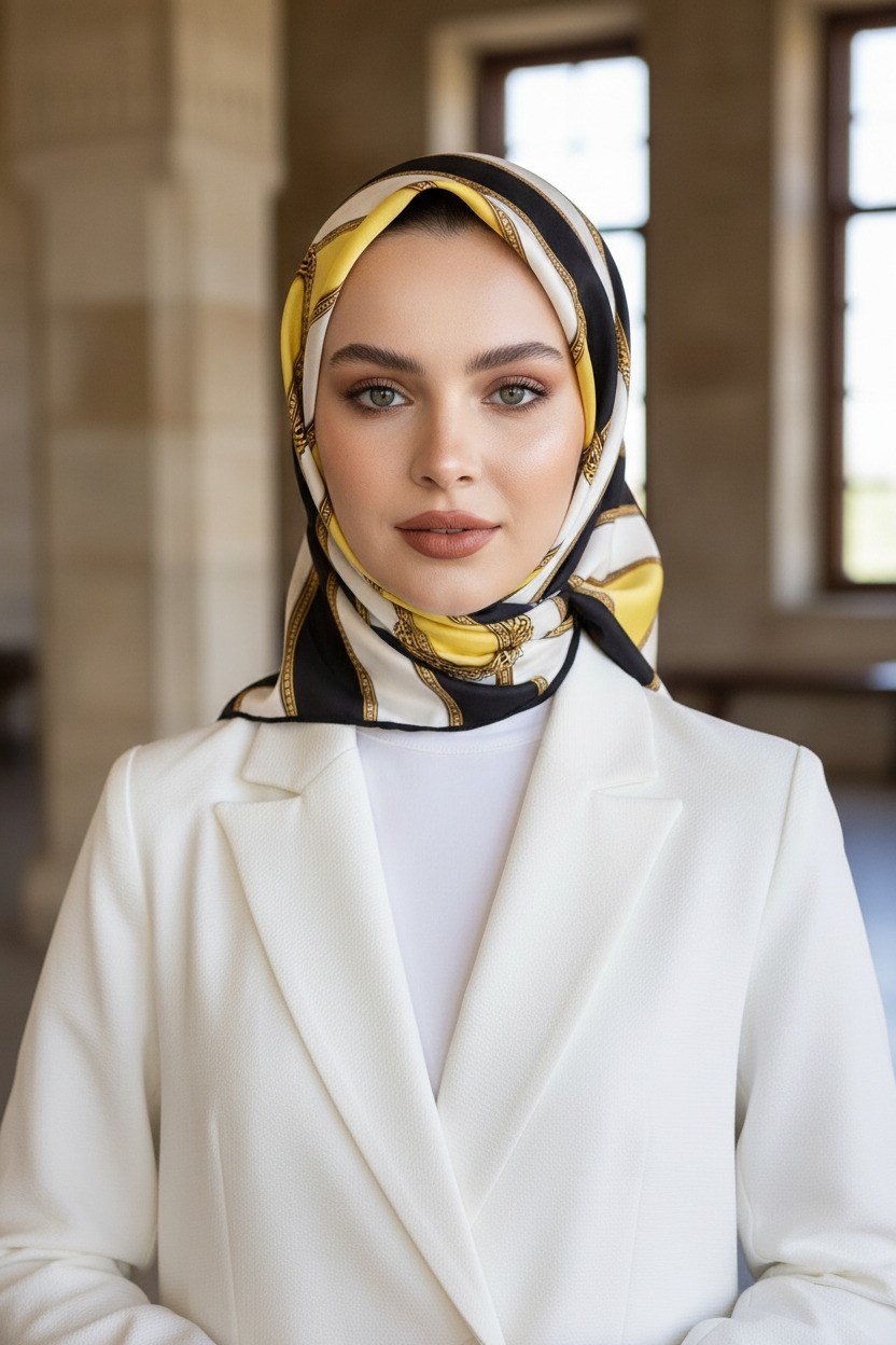 %100 Twill İpek Kemer Desenli Siyah - Limon Sarısı Renkli 90x90 Eşarp Dikim Şekli : El Dikişi