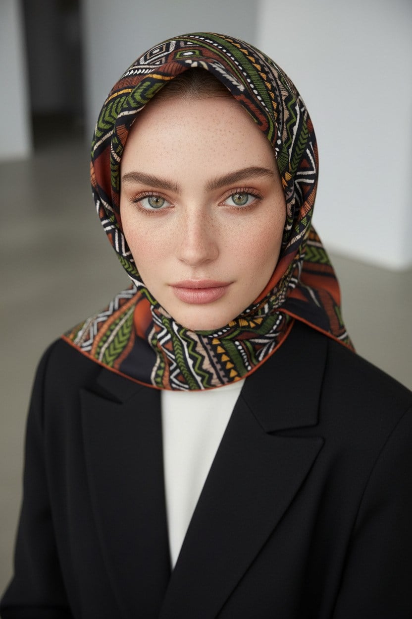 % 57 İPEK % 43 VİSKON Twill İpek Etnik Desenli Taba - Haki Renkli 90x90 Eşarp Dikim Şekli : El Dikişi
