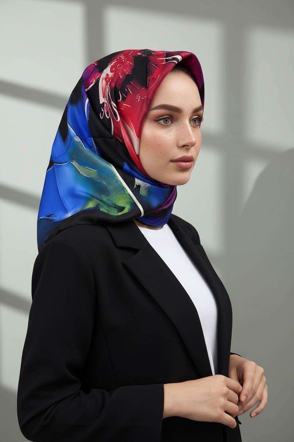 %100 Twill İpek Sulu Boya Çiçek Desenli Siyah Renkli 90x90 Eşarp Dikim Şekli : El Dikişi