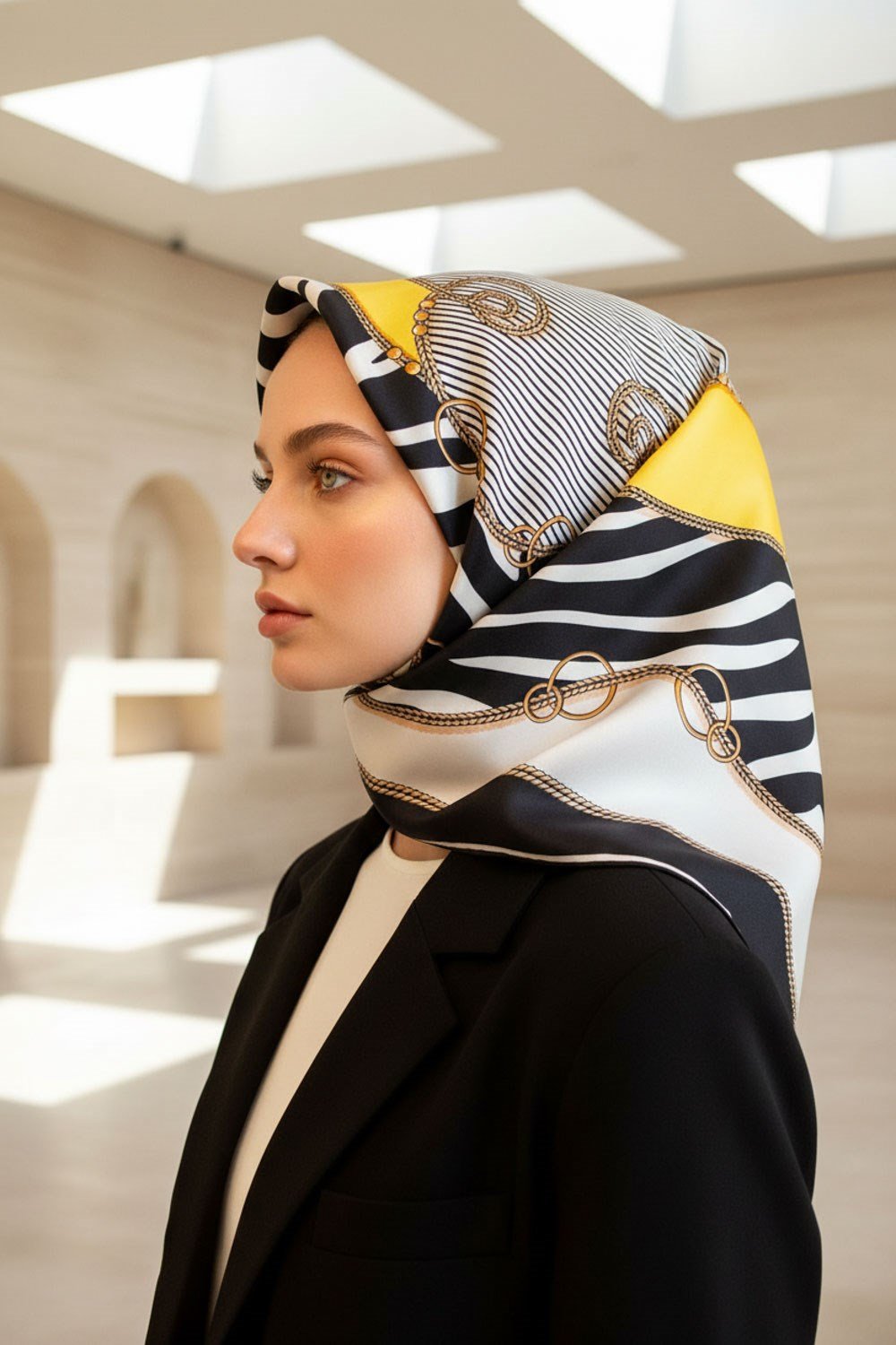 %100 Twill İpek Zincirli Ve Zebra Desenli Siyah - Limon Sarısı Renkli 90x90 Eşarp Dikim Şekli : El Dikişi