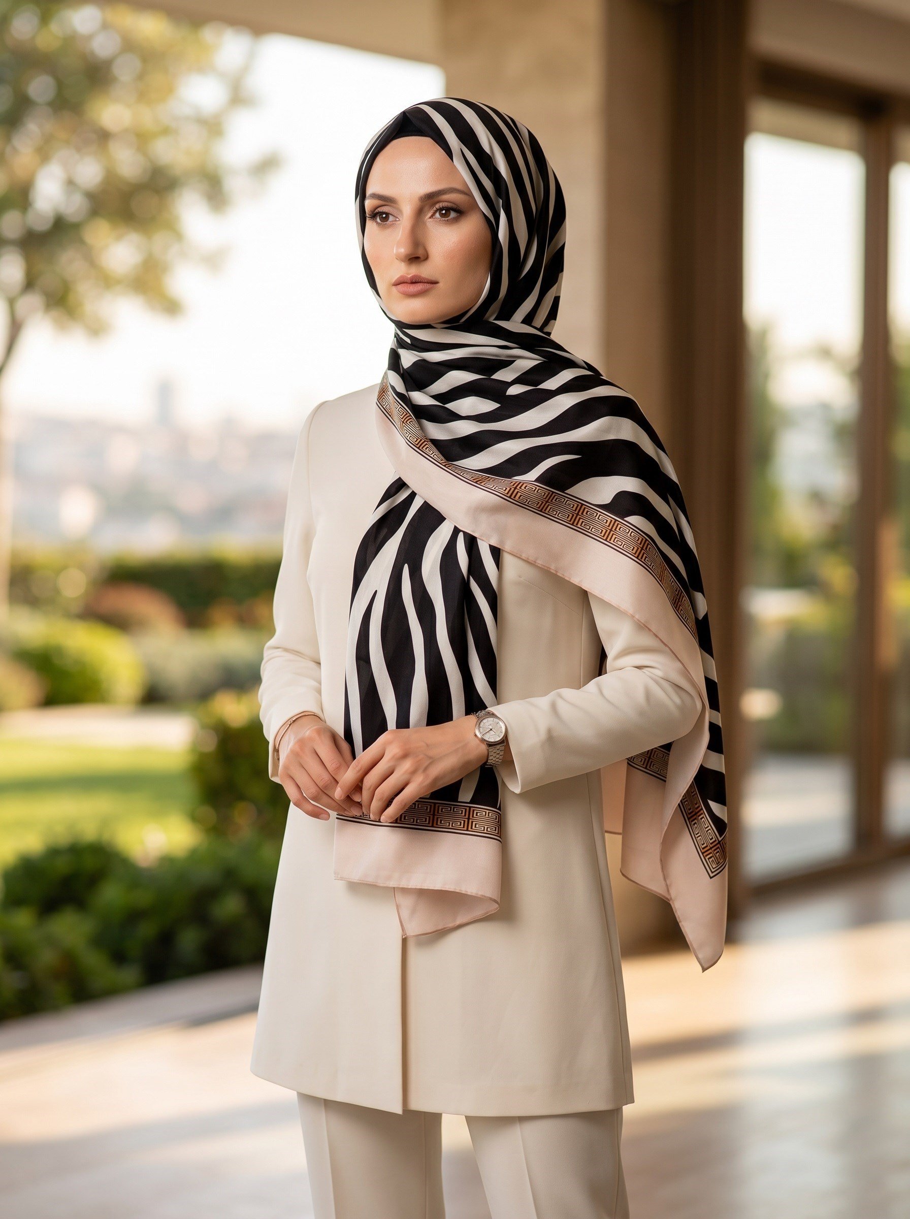 %100 Saf İpek Şal İnce Saten Vual Dokuma Zebra Desenli 90x210 Şal