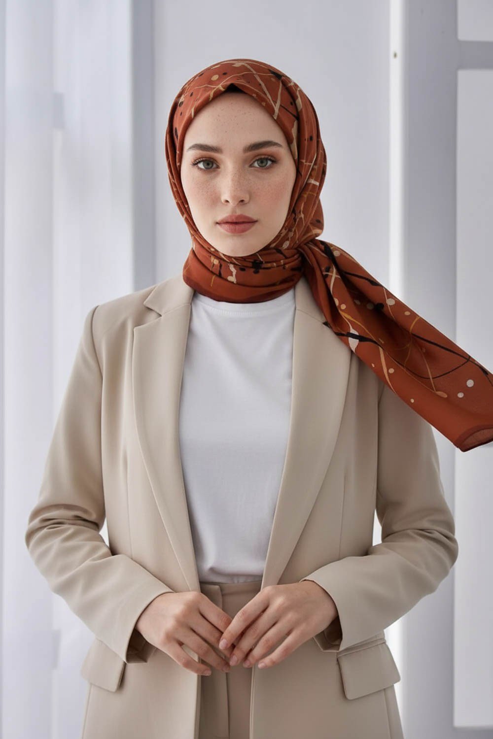 KREP BOYA DAMLASI DESENLİ TABA RENKLİ 75X195 KIRIŞMAZ ŞAL