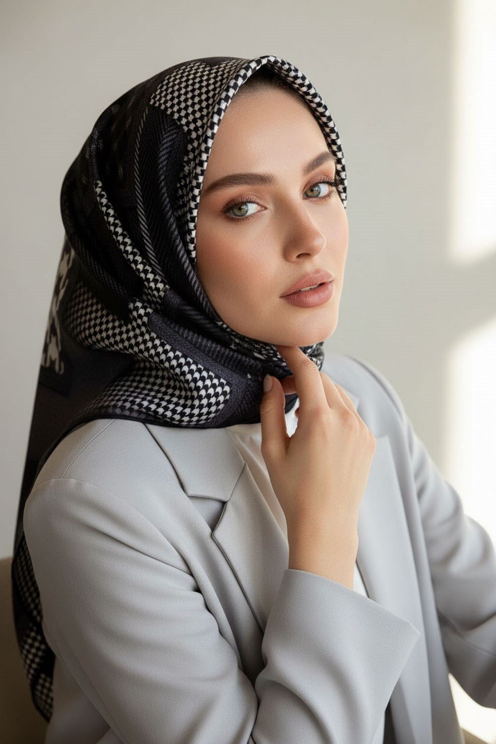 %100 Twill İpek Kazakayaklı Ve Ekose Desenli Siyah - Gri Renkli 90x90 Eşarp Dikim Şekli : El Dikişi