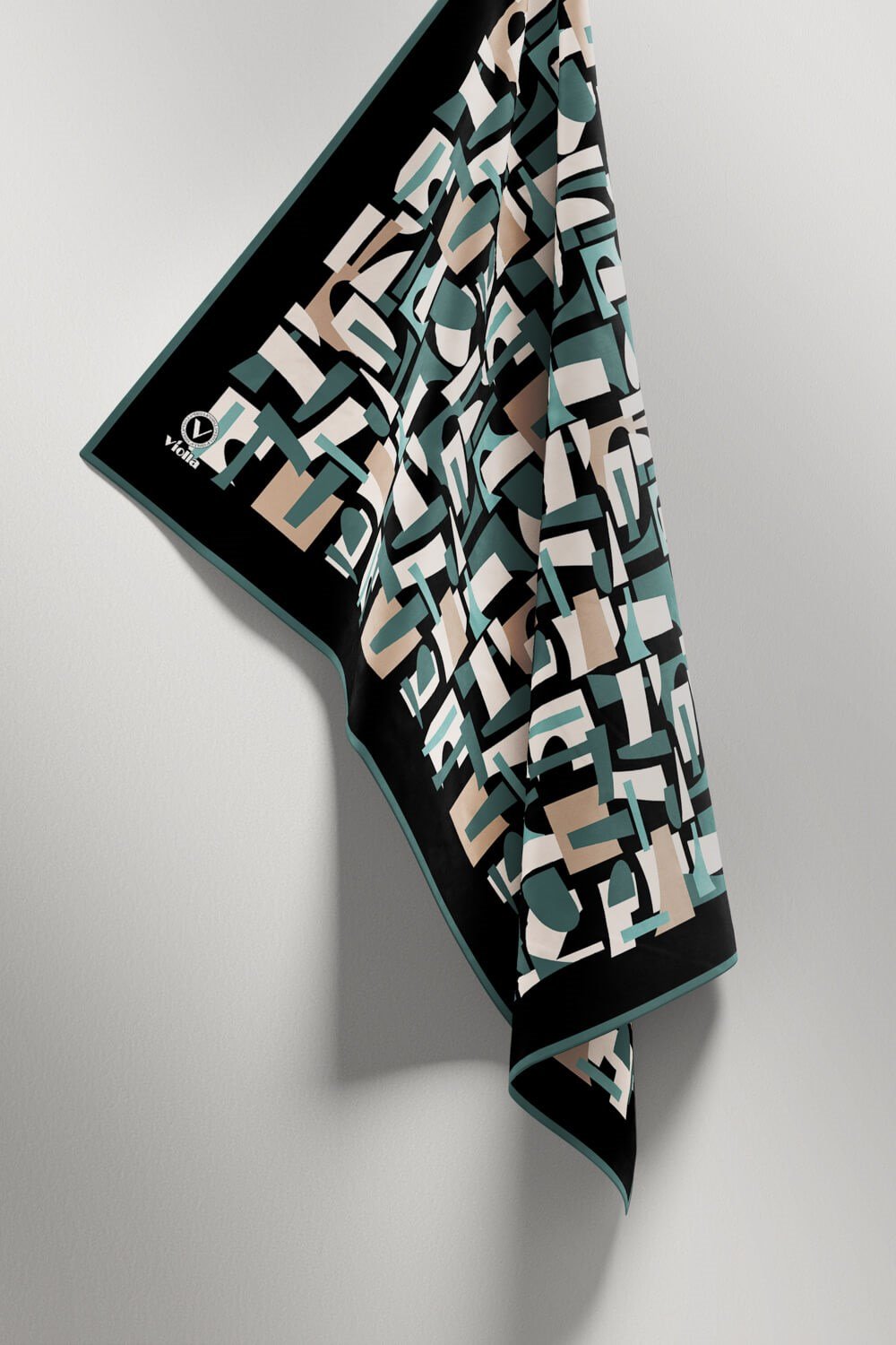 Twill Geometrik Desenli Mint Yeşili - Bej Renkli 90x90 Eşarp (İpek İçermez) Dikim Şekli : El Dikişi
