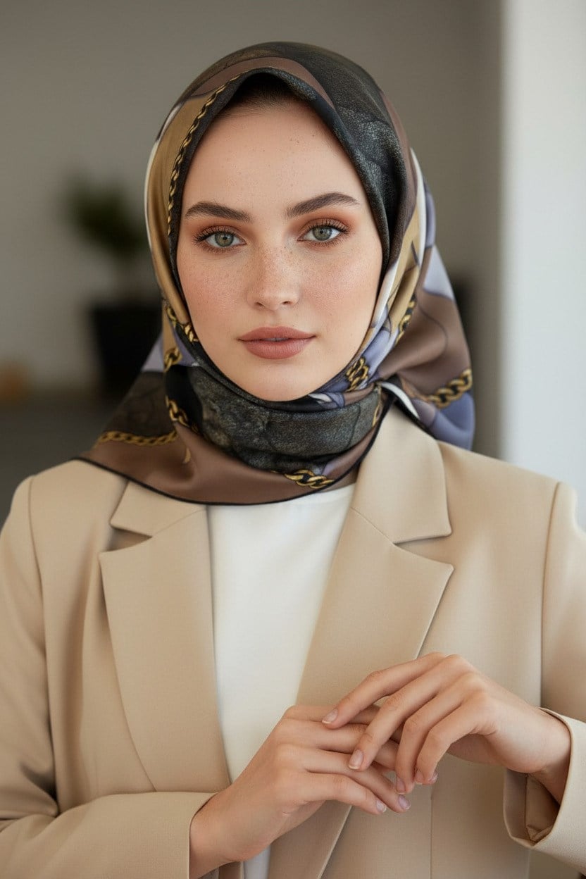 %100 Twill İpek Taş Efekti Desenli Gri - Siyah Renkli 90x90 Eşarp Dikim Şekli : El Dikişi