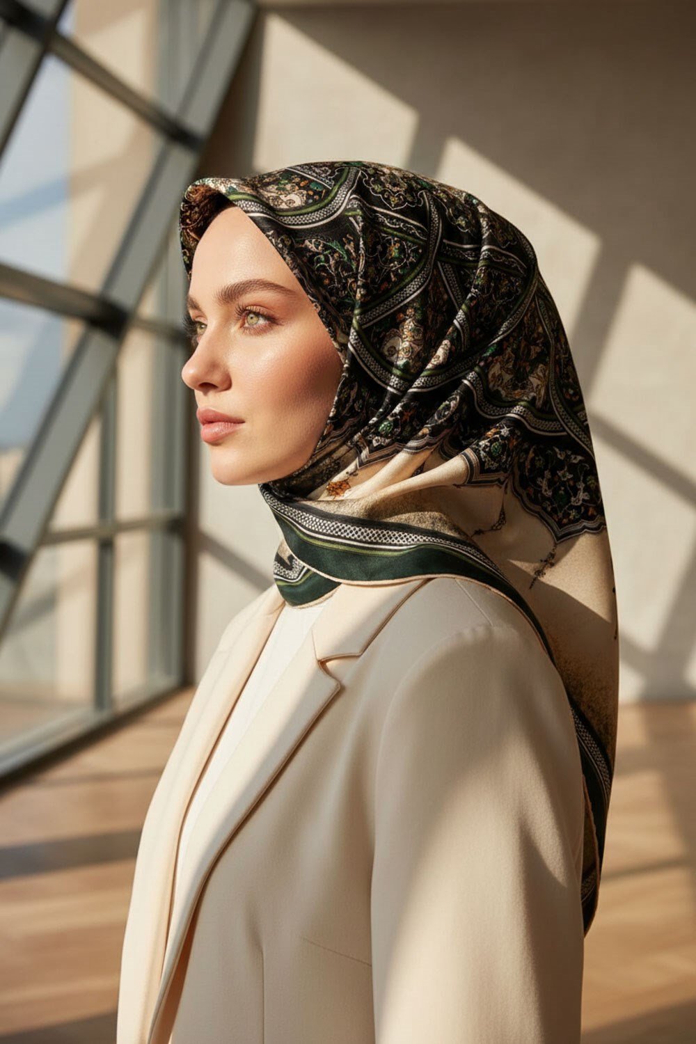 %100 Twill İpek Şal Desenli Siyah - Zümrüt Yeşili Renkli 90x90 Eşarp Dikim Şekli : El Dikişi