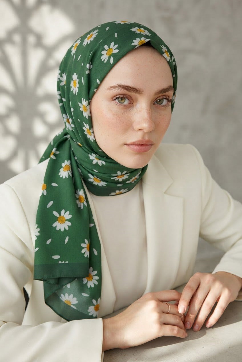 KREP PAPATYA DESENLİ ZÜMRÜT YEŞİLİ RENKLİ 75X195 KIRIŞMAZ ŞAL