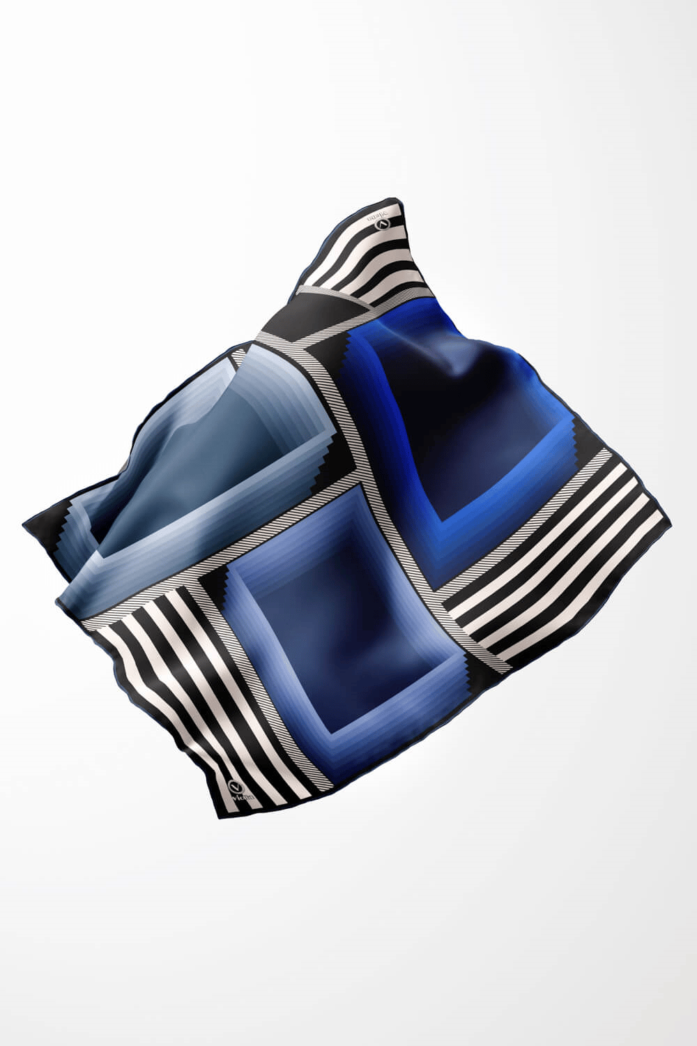 Twill Geometrik Desenli Saks Renkli 90x90 Eşarp (İpek İçermez) Kenar Dikiş Şekli El Dikişli