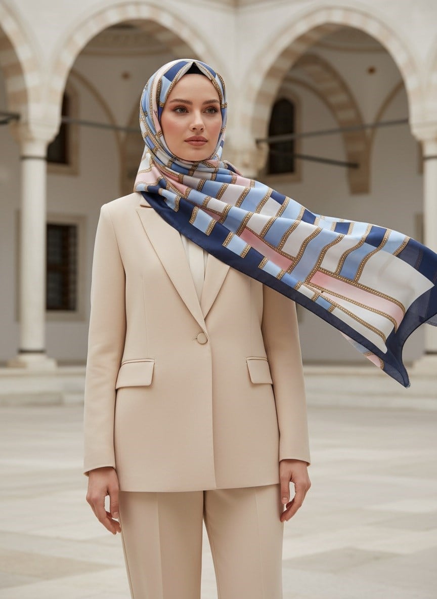 %100 Saf İpek Şal İnce Saten Vual Dokuma Kemer Desenli Bebe Mavisi - Pudra Renkli 90x210 Şal