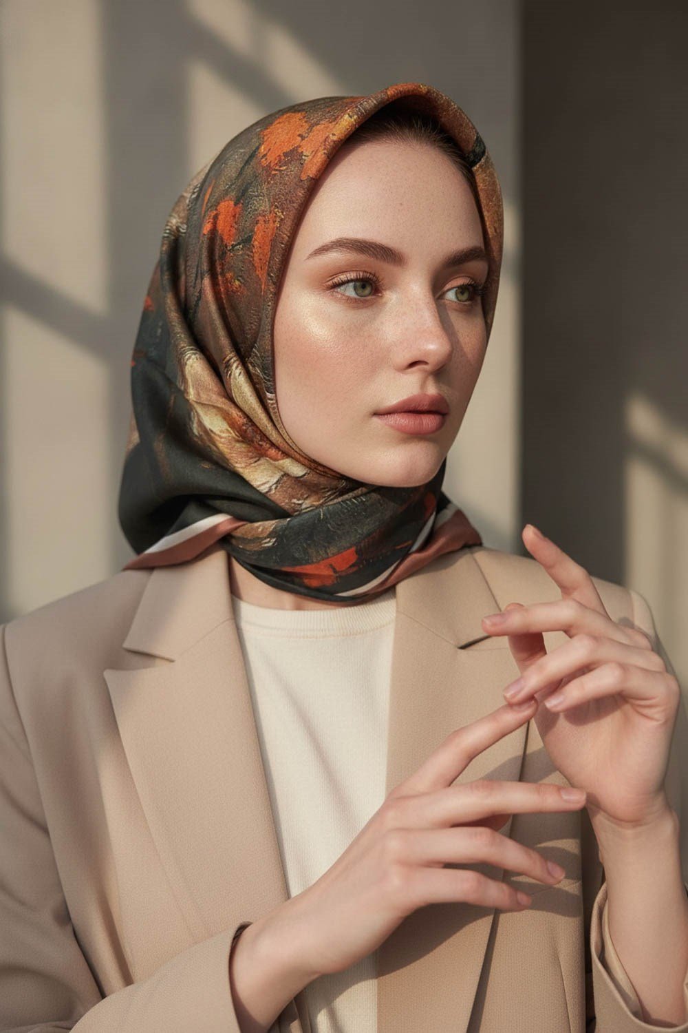 %100 Twill İpek Yağlı Boya Çiçek Desenli Taba - Petrol Yeşili Renkli 90x90 Eşarp Dikim Şekli : El Dikişi