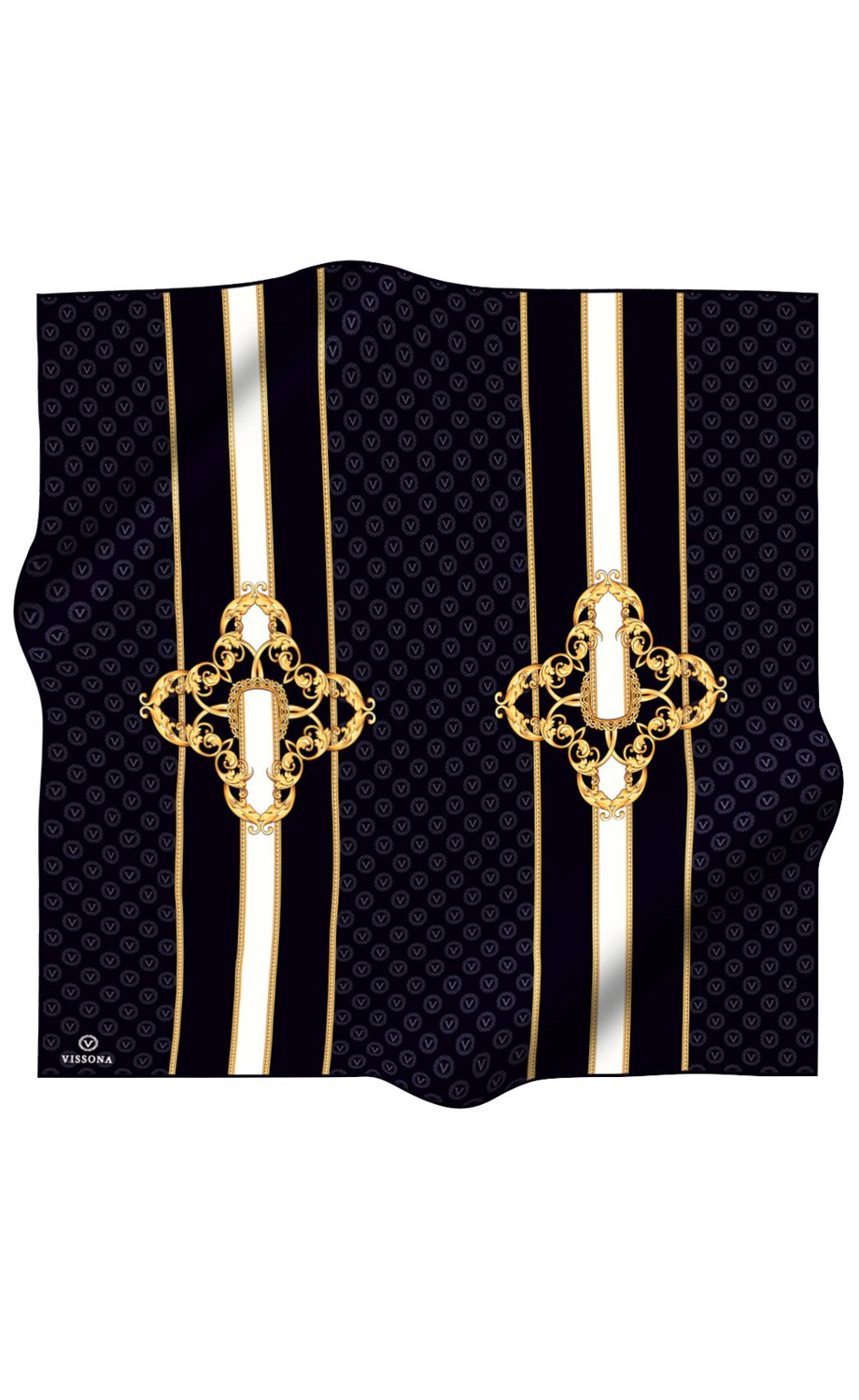 %100 Twill İpek Monogramlı Ve Barok Desenli Siyah - Gold Renkli 90x90 Eşarp Dikim Şekli : El Dikişi