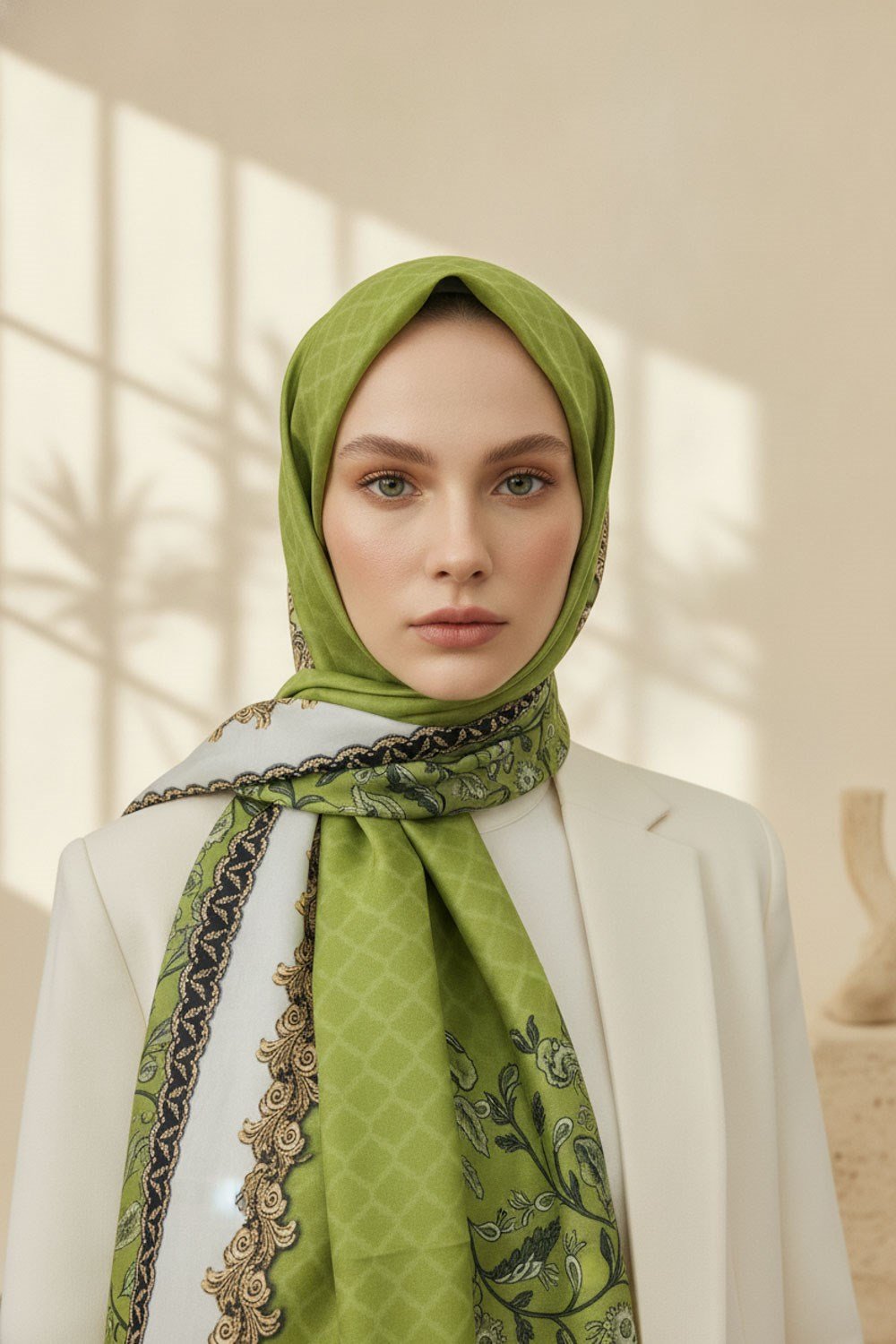 %100 Saf İpek Şal İnce Saten Vual Dokuma Yaprak Desenli Haki - Gold Renkli 90x210 Şal