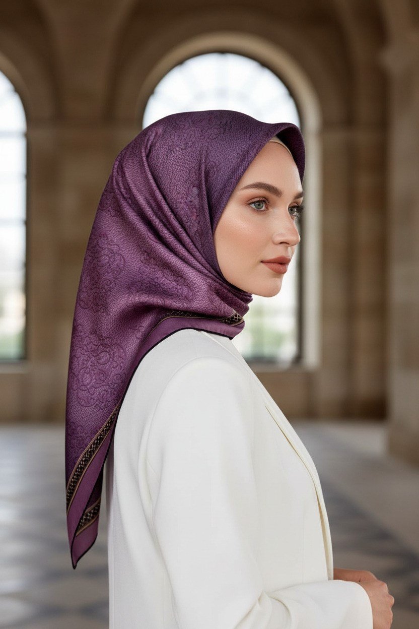 %57 İpek %43 Viskon Twill Eşarp 90x90 Lila Barok Desenli El Dikişli Kadın Eşarp