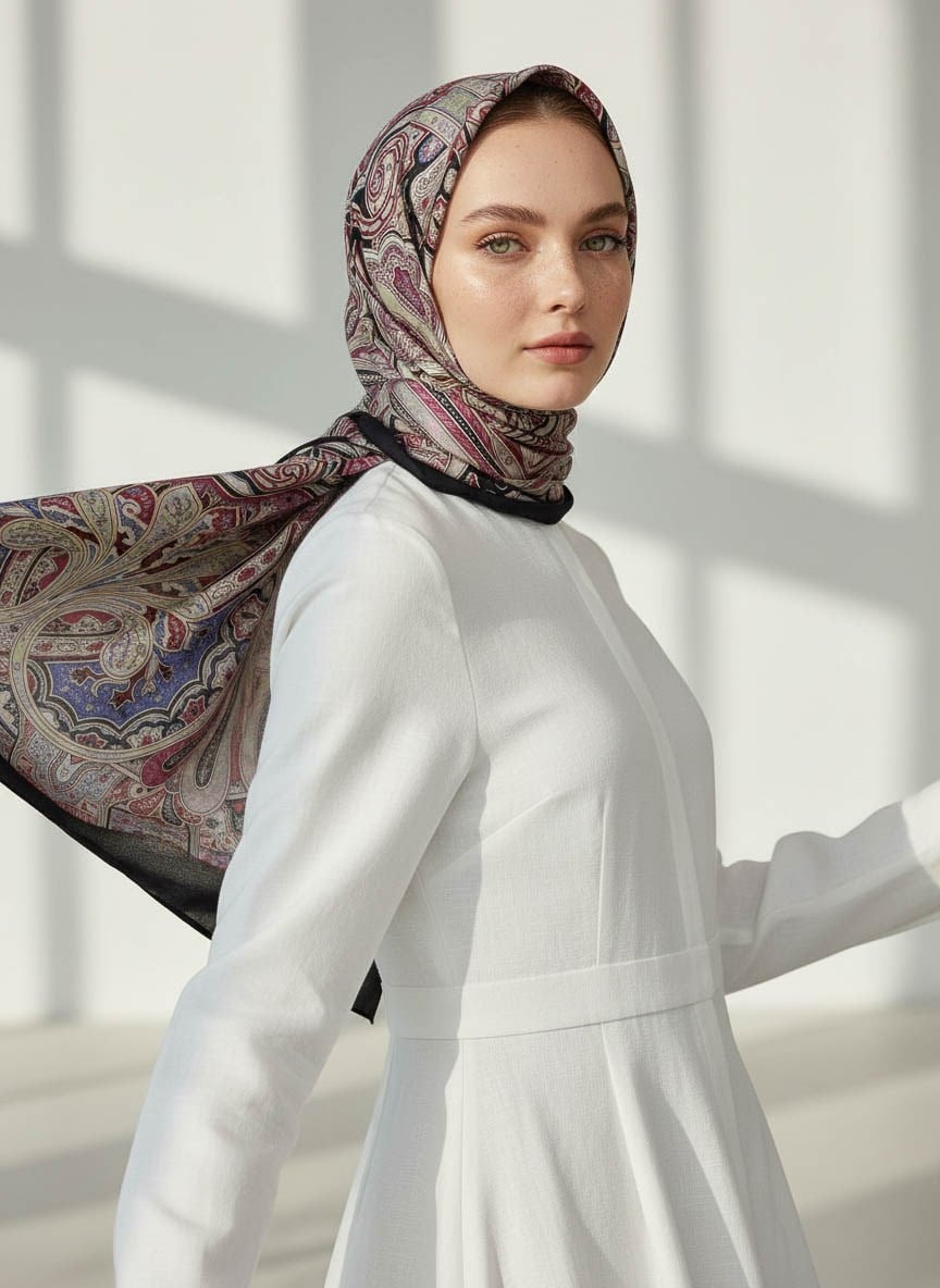 %100 Saf İpek Şal İnce Saten Vual Dokuma Etnik Desenli Siyah Renkli 90x210 Şal