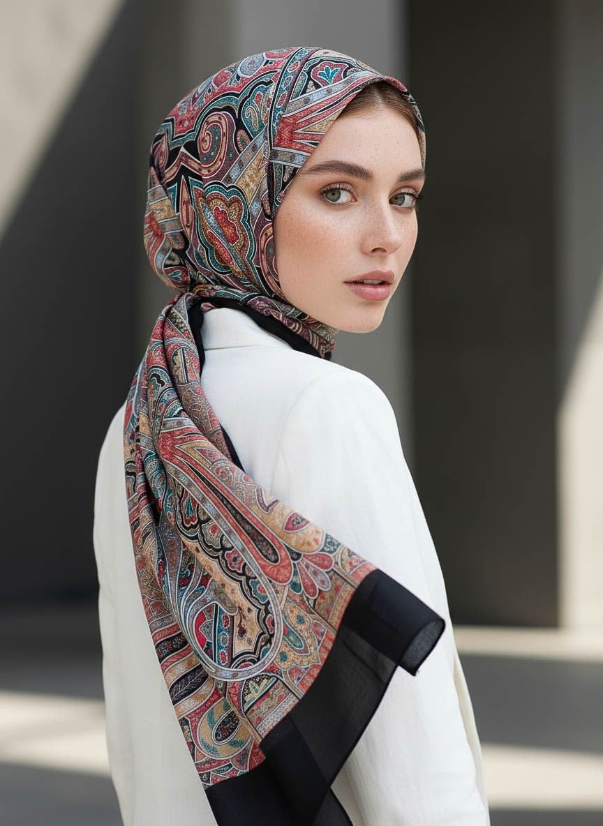 %100 Saf İpek Şal İnce Saten Vual Dokuma Etnik Desenli Siyah - Bordo Renkli 90x210 Şal