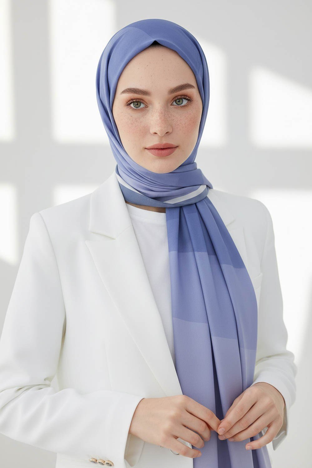 KREP GEOMETRİ DESENLİ BEBE MAVİSİ RENKLİ 75X195 KIRIŞMAZ ŞAL