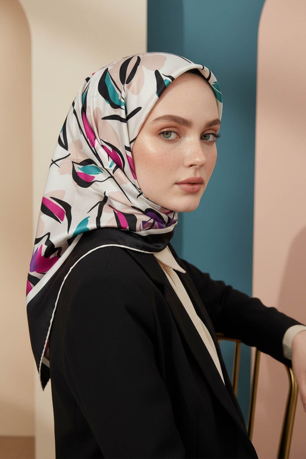 Rayon Bordürlü Çiçek Desenli Fuşya Renkli 90x90 Dikim Şekli : El Dikişi Eşarp (İpek İçermez)