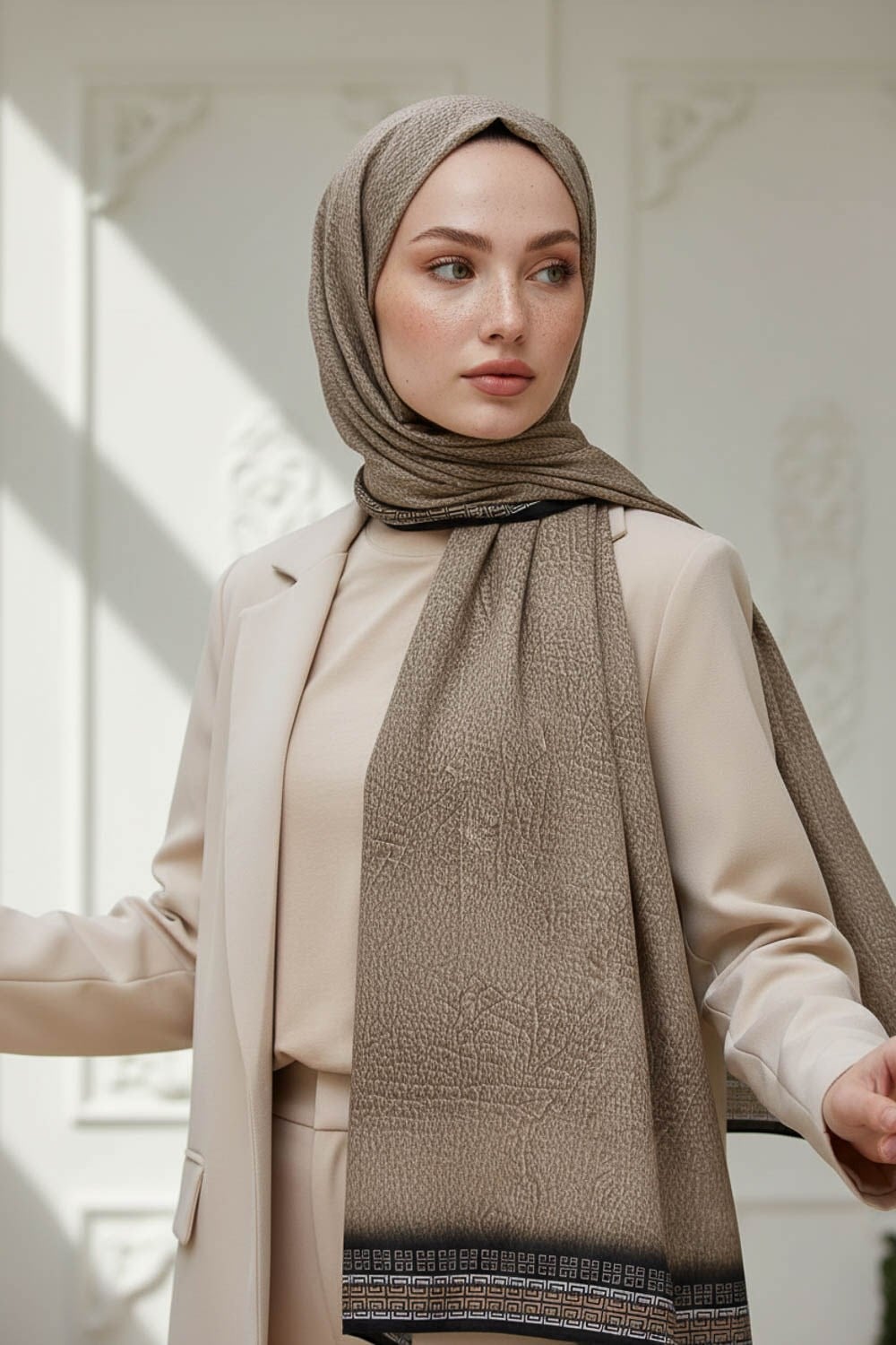 KREP DESENLİ BEJ RENKLİ 75X195 KIRIŞMAZ ŞAL