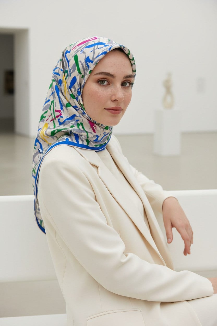 %100 Twill İpek Geometrik Desenli Saks - Zümrüt Yeşili Renkli 90x90 Eşarp Dikim Şekli : El Dikişi