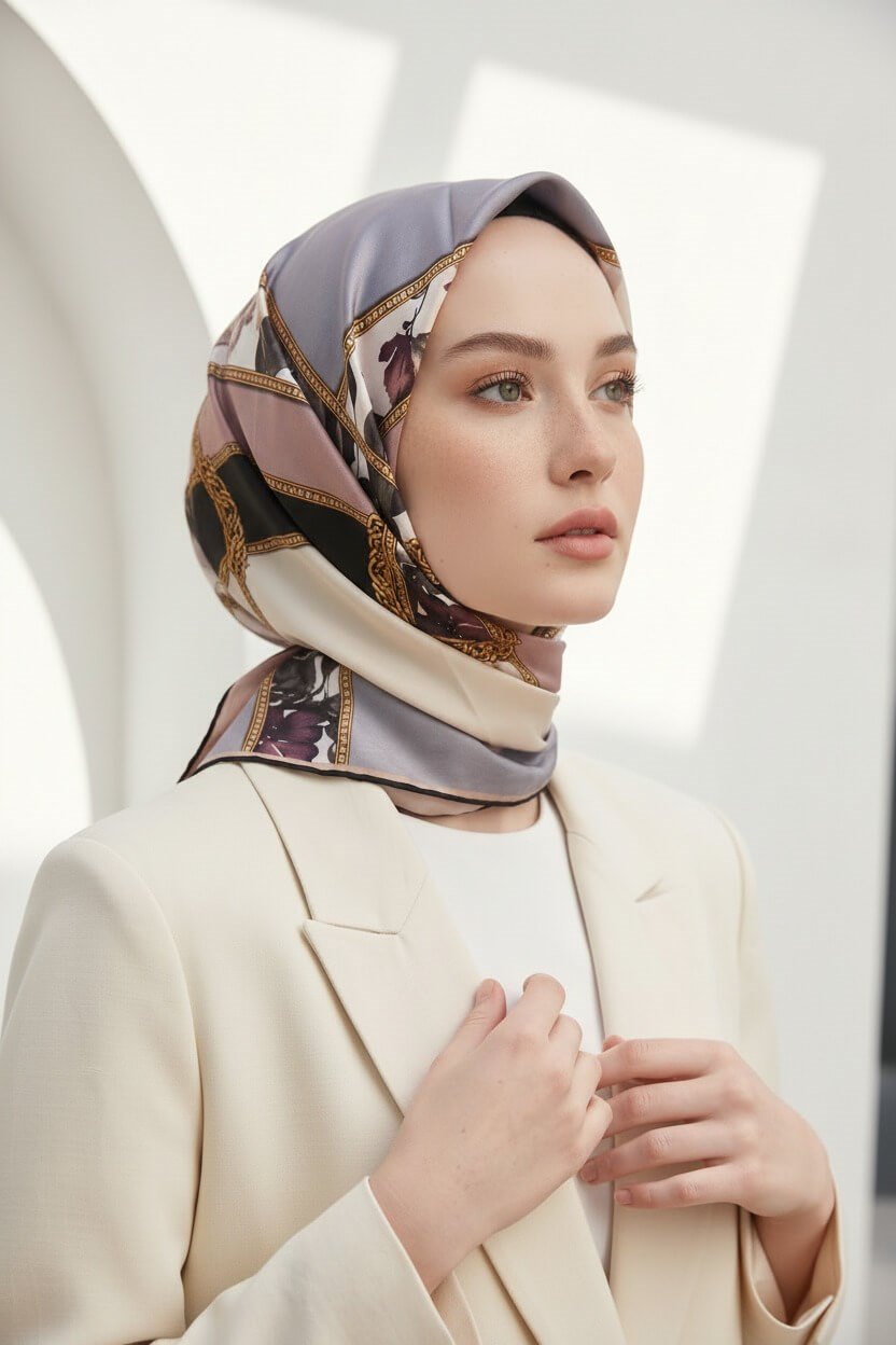 100% Twill İpek Şeritli Çiçek Desenl Gri - Pudra Renkli 90x90 Dikim Şekli : El Dikişi Eşarp