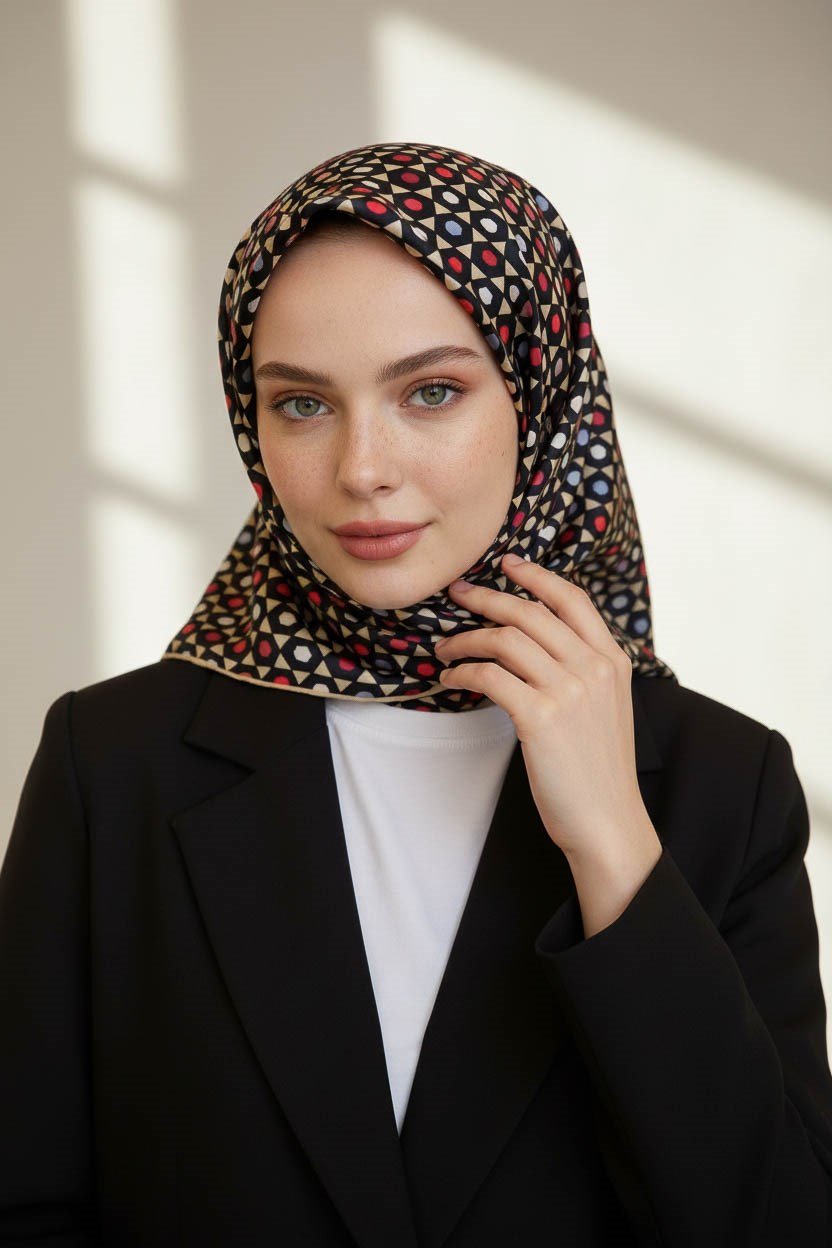 %100 Twill İpek Nokta Desenli Siyah - Bej Renkli 90x90 Eşarp Dikim Şekli : El Dikişi