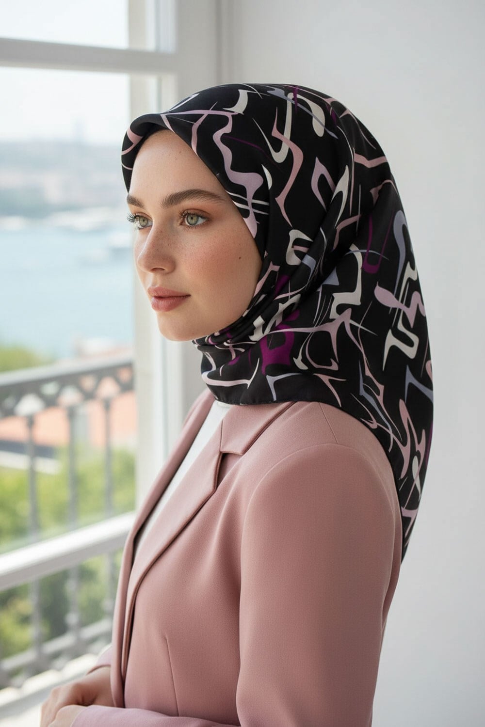%100 Twill İpek Soyut Geometrik Desenli Mürdüm - Pudra Renkli 90x90 Eşarp Dikim Şekli : El Dikişi