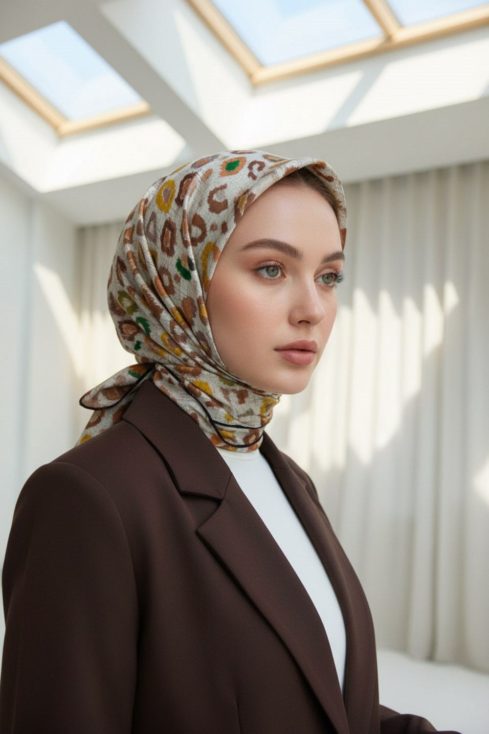 %100 Twill İpek Renkli Leopari Desenli Turuncu - Zümrüt Yeşili Renkli 90x90 Eşarp Kenar Dikiş Şekli El Dikişli