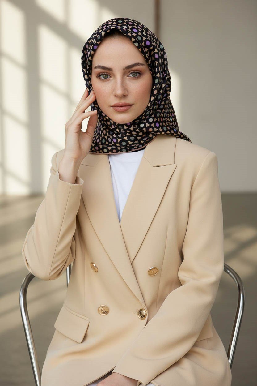 %100 Twill İpek Nokta Desenli Siyah - Bakır Renkli 90x90 Eşarp Dikim Şekli : El Dikişi