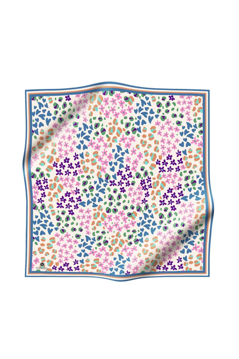 %100 Twill İpek Kalpli Leopar Desenli İndigo - Pembe Renkli 90x90 Eşarp Dikim Şekli : El Dikişi