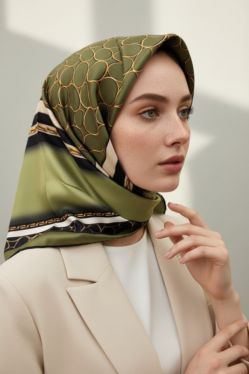 %100 Twill İpek Gold Halka Desenli Haki - Siyah Renkli 90x90 Eşarp Dikim Şekli : El Dikişi